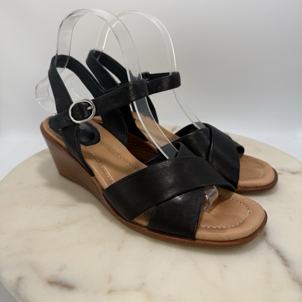 Sofft Women's Leather Slingback Wedge Crisscross Sandals Black US 7.5M Comfort